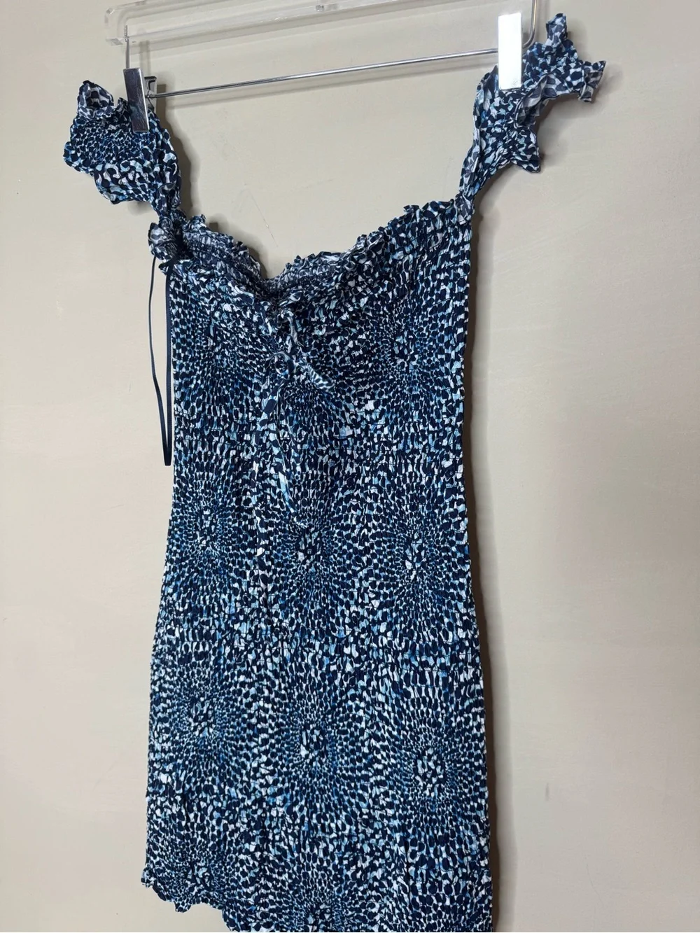 Free People Smocked Mini Dress Blue Print Cotton Size S/P